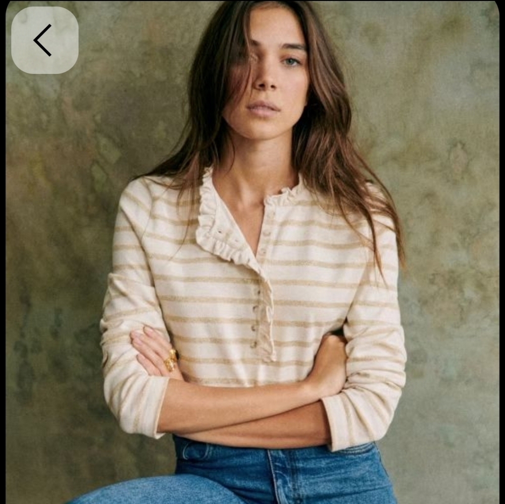 Sézane Gael Marinere Cream and Gold Striped Henley Long Sleeve Top